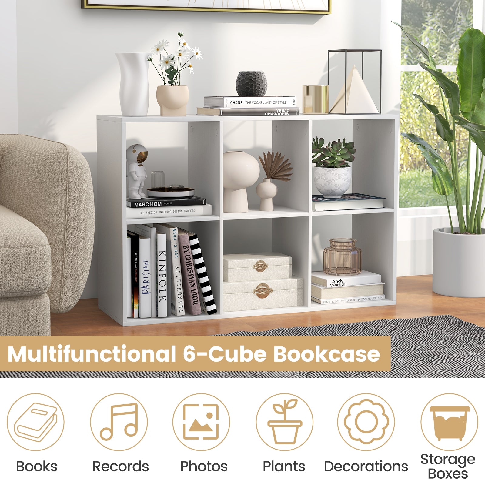 6 Cube Bookshelf with Back Guardrail for Living Room Bedroom, White Bookcases at Gallery Canada