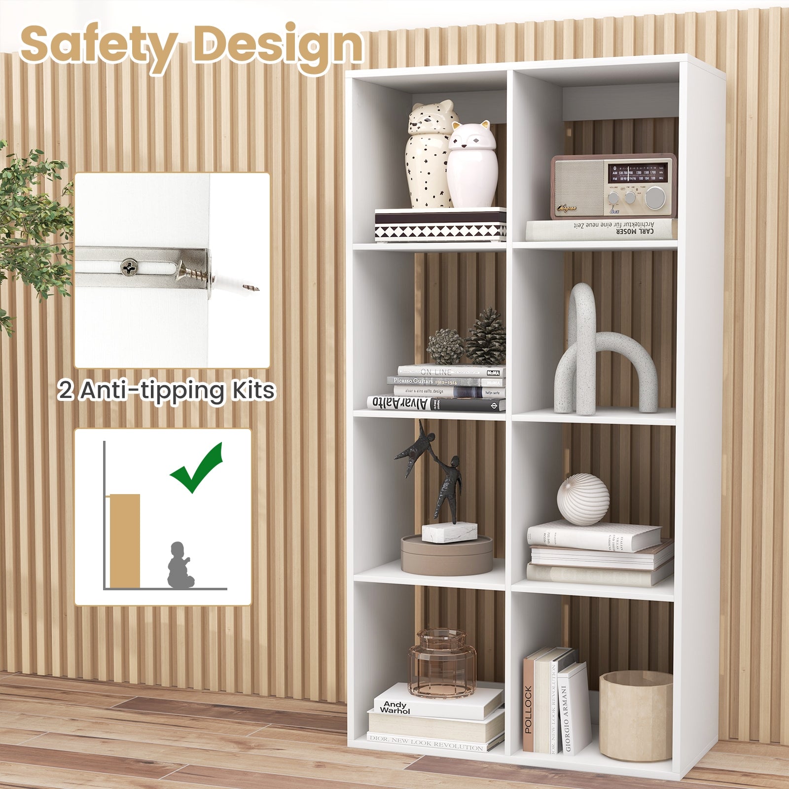 8 Cube Bookshelf with Back Guardrail for Living Room Bedroom, White Bookcases at Gallery Canada