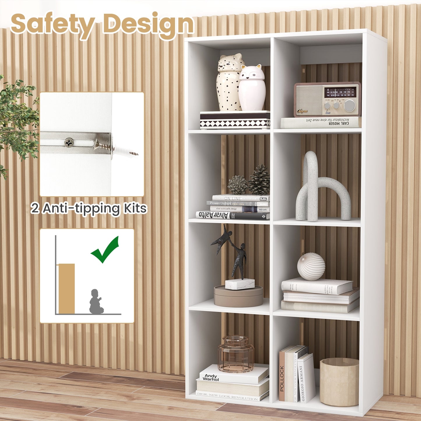 8 Cube Bookshelf with Back Guardrail for Living Room Bedroom, White Bookcases at Gallery Canada