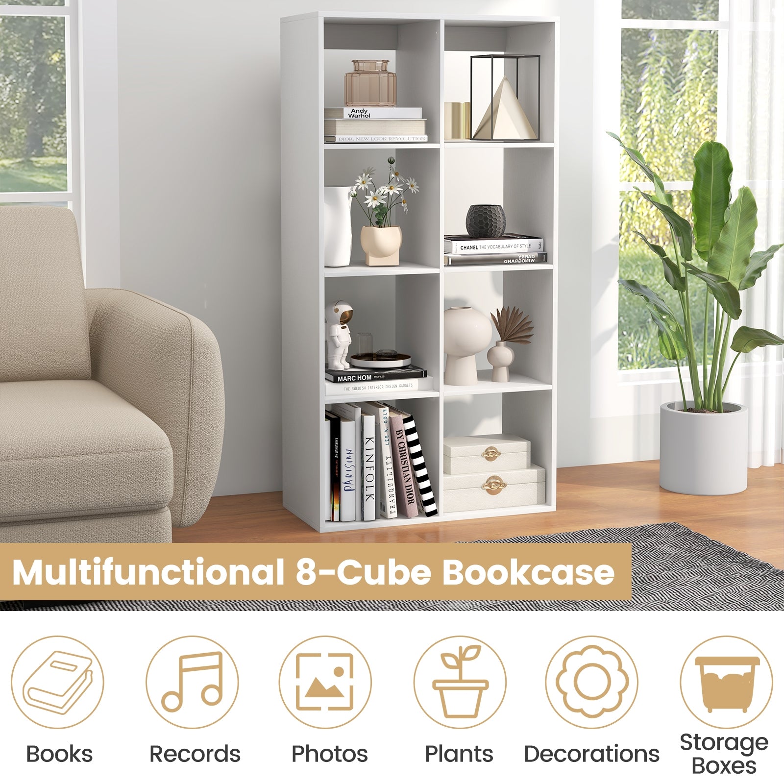 8 Cube Bookshelf with Back Guardrail for Living Room Bedroom, White Bookcases at Gallery Canada