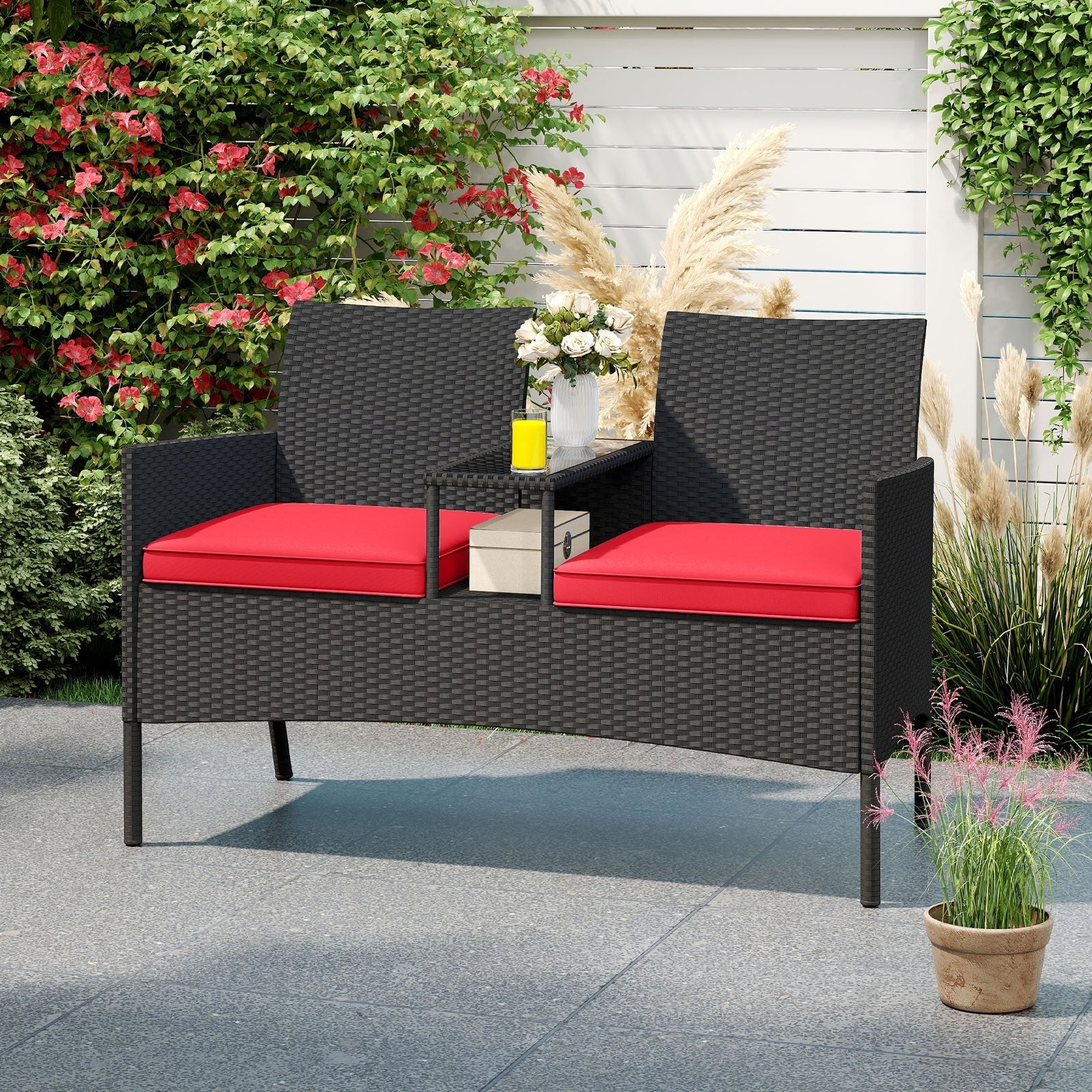 Patio Loveseat with Built-in Table for Backyard Porch, Red Patio Conversation Sets at Gallery Canada
