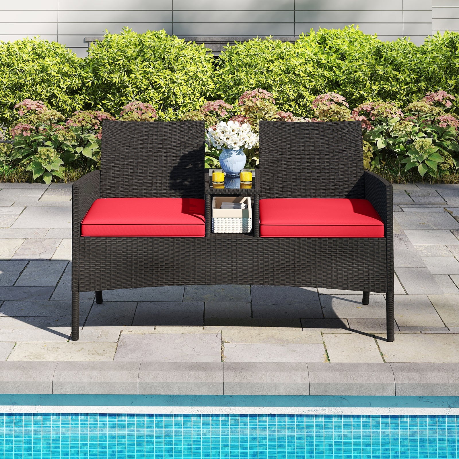 Patio Loveseat with Built-in Table for Backyard Porch, Red Patio Conversation Sets at Gallery Canada