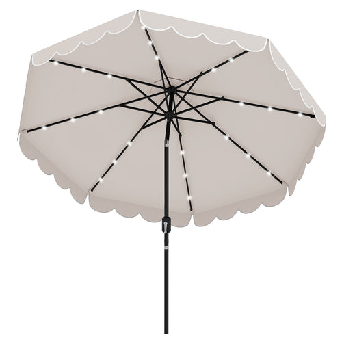 9.3 Feet Solar Patio Umbrella, 24 LED Lights, Vented Top, Ruffles, Beige