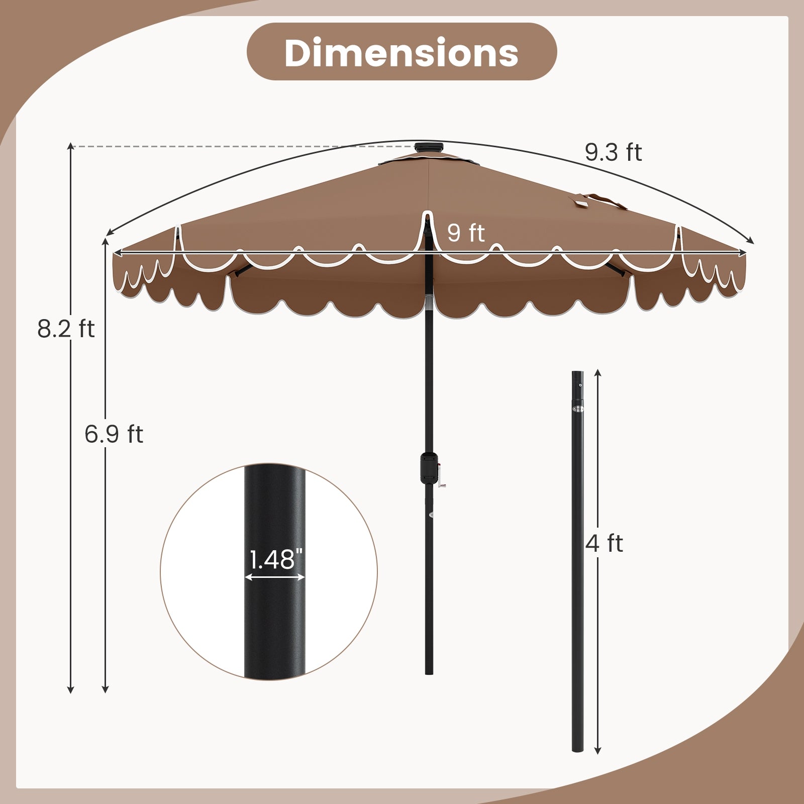 9.3 Feet Solar Patio Umbrella with 24 LED Lights Vented Top and Ruffles, Coffee Outdoor Umbrellas at Gallery Canada