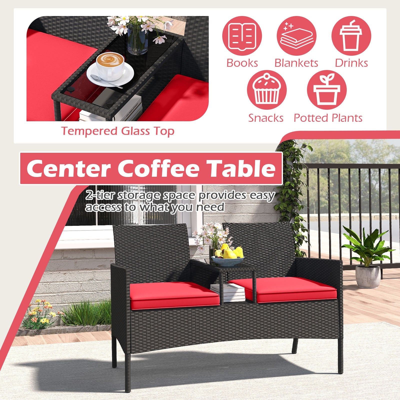 Patio Loveseat with Built-in Table for Backyard Porch, Red Patio Conversation Sets at Gallery Canada