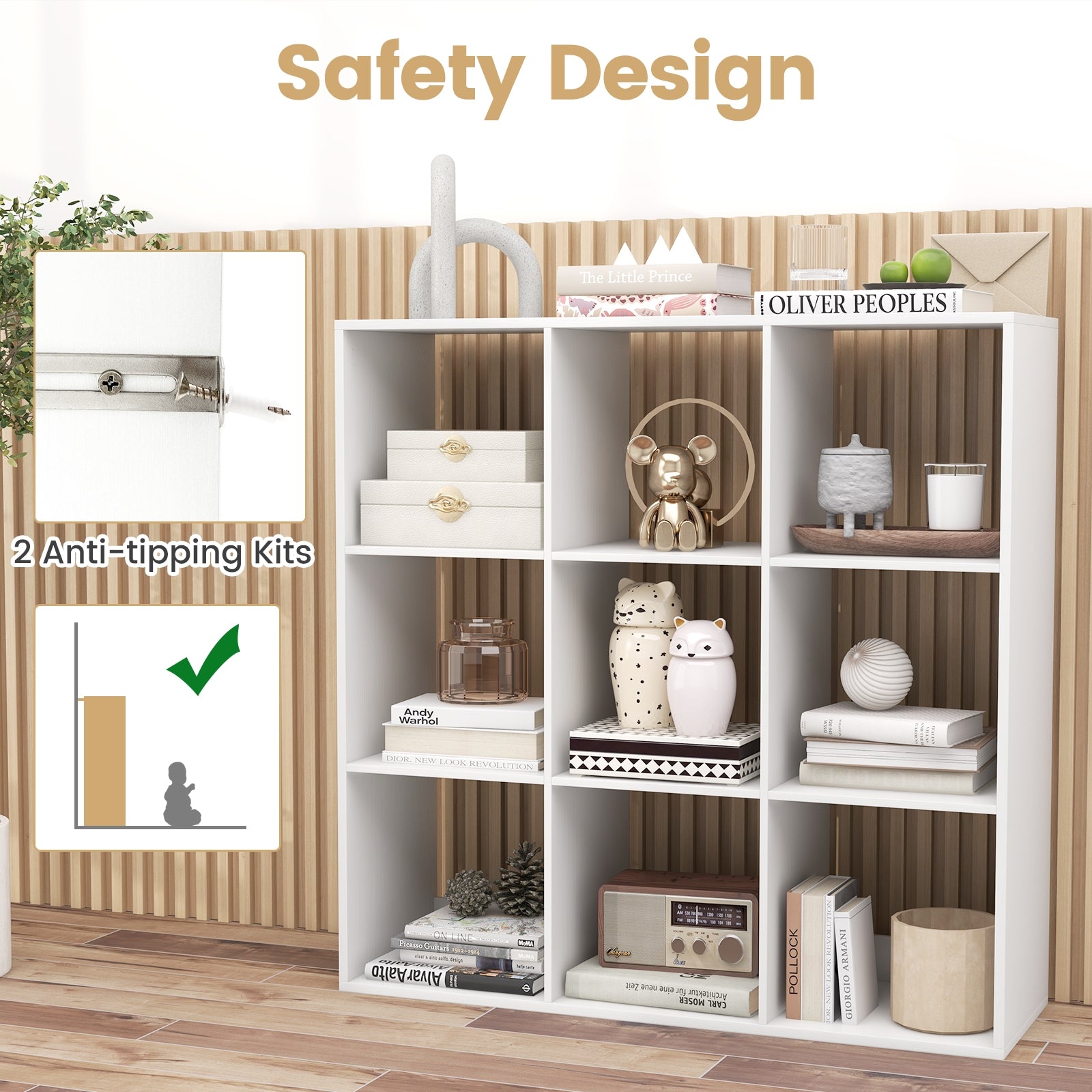 9 Cube Bookshelf with Back Guardrail for Living Room Bedroom, White Bookcases at Gallery Canada