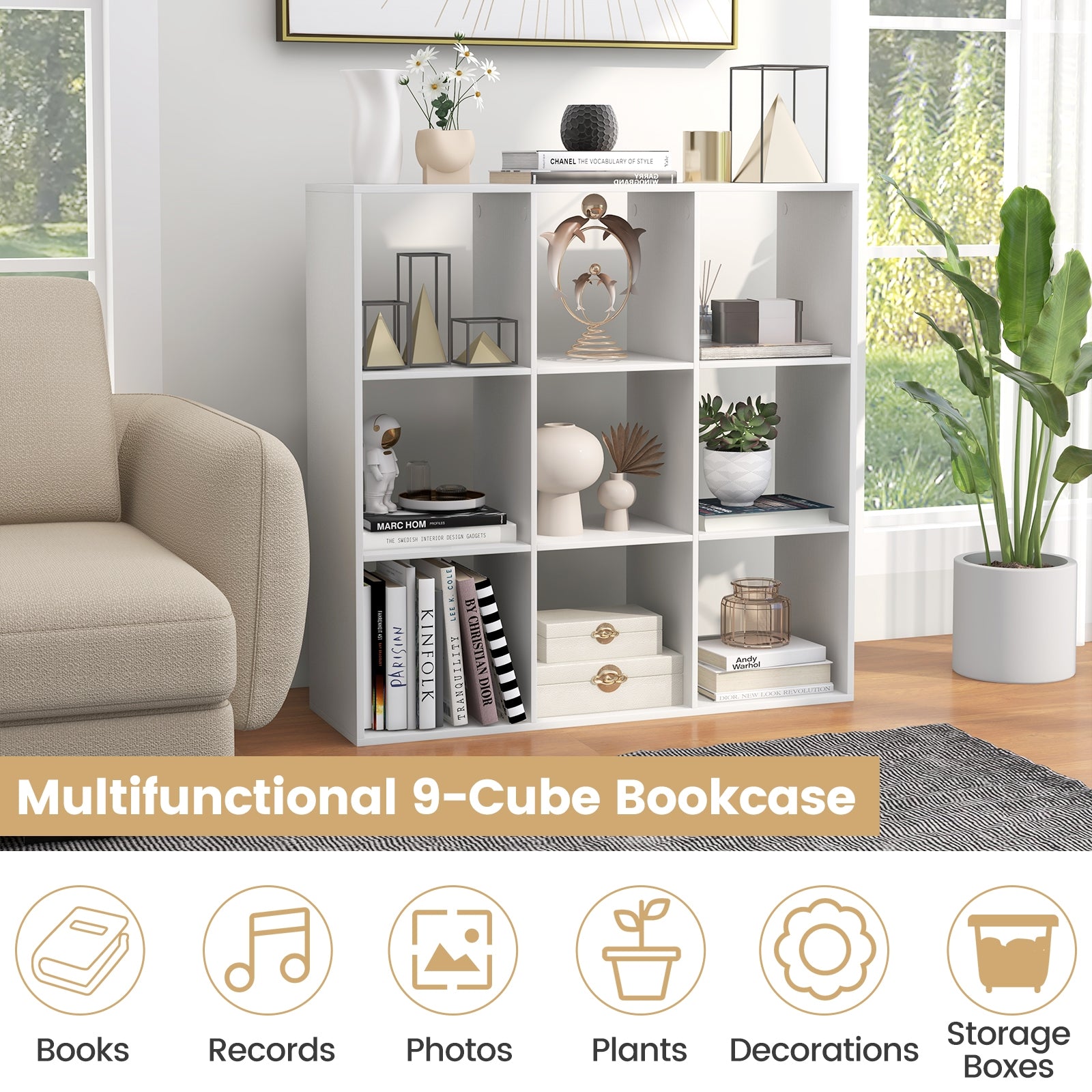 9 Cube Bookshelf with Back Guardrail for Living Room Bedroom, White Bookcases at Gallery Canada