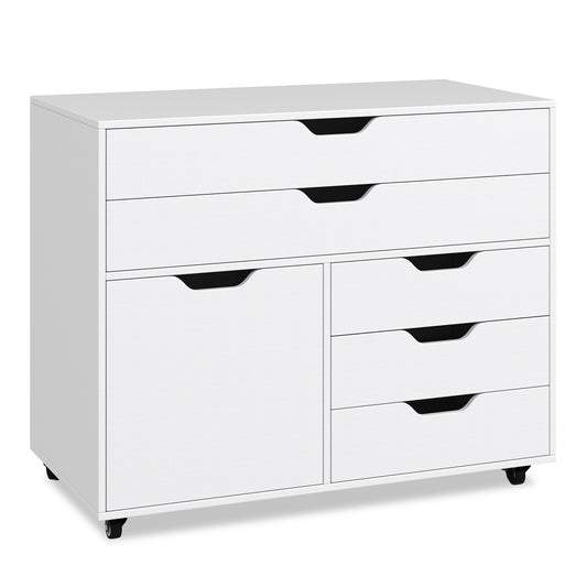 Modern Vertical 5-Drawer Mobile Chest With Door, 5 Casters, White File Cabinets White at Gallery Canada