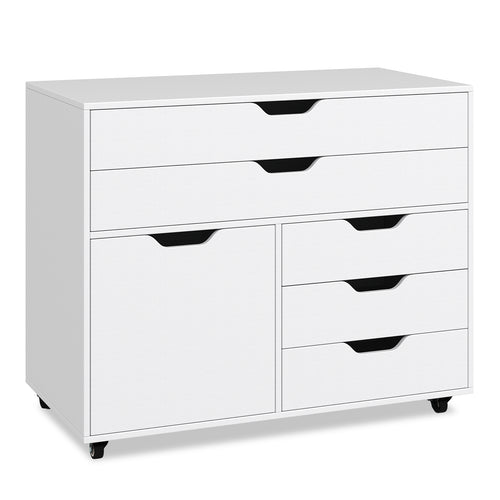 Modern Vertical 5-Drawer Mobile Chest With Door, 5 Casters, White