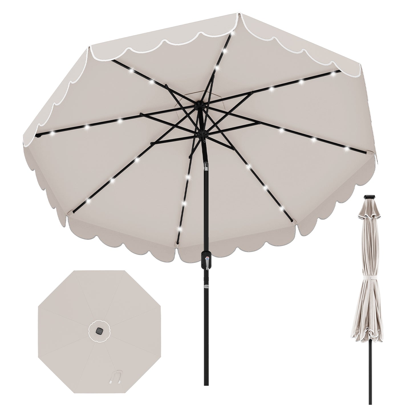 9.3 Feet Solar Patio Umbrella, 24 LED Lights, Vented Top, Ruffles, Beige Outdoor Umbrellas at Gallery Canada