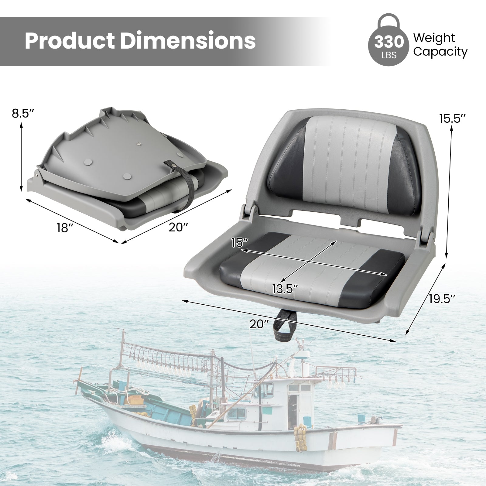 Boat Seat Folding Low Back Boat Chair with Marine-Grade PVC, Gray Water Sports at Gallery Canada
