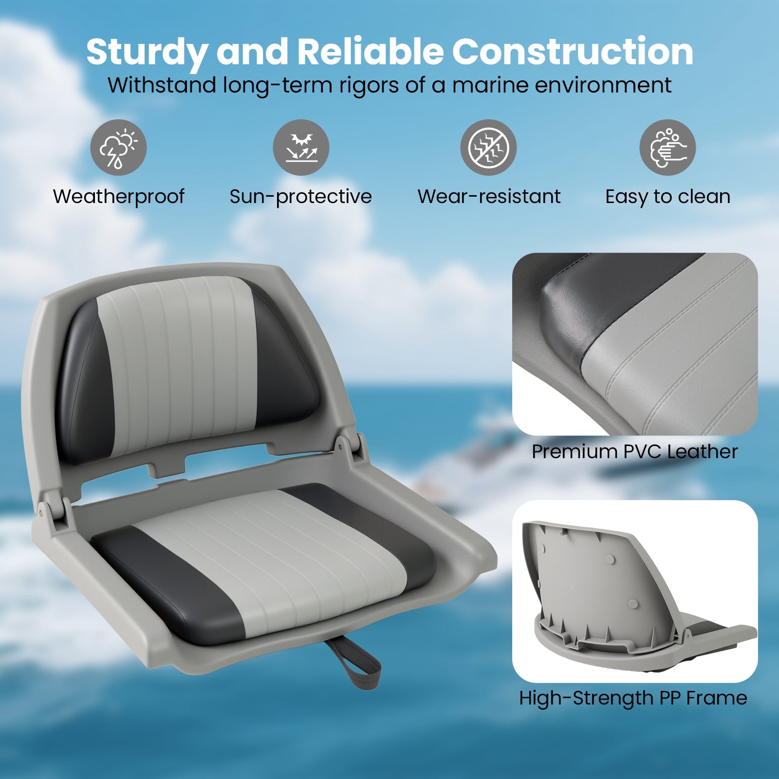 Boat Seat Folding Low Back Boat Chair with Marine-Grade PVC, Gray Water Sports at Gallery Canada