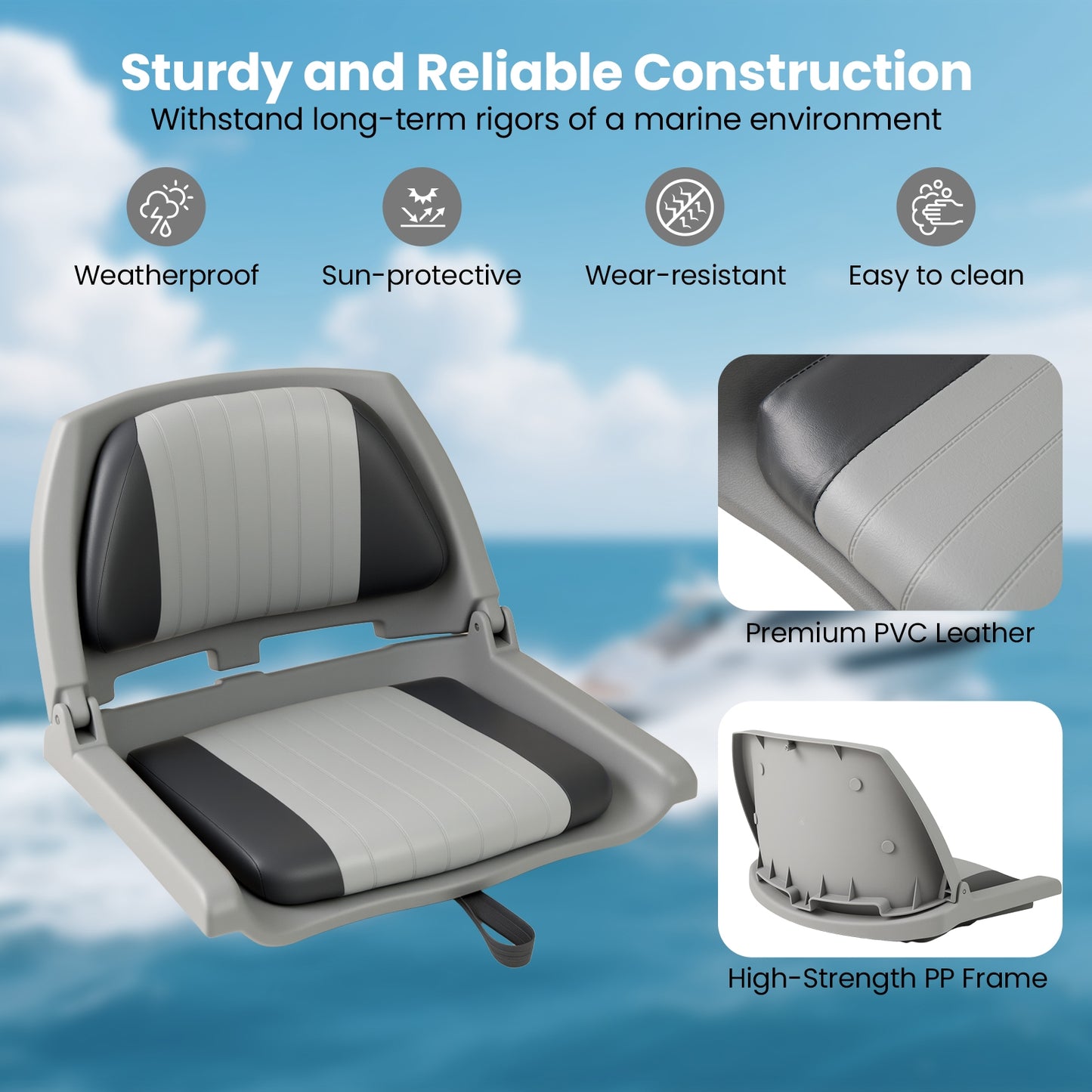 Boat Seat Folding Low Back Boat Chair with Marine-Grade PVC, Gray Water Sports at Gallery Canada