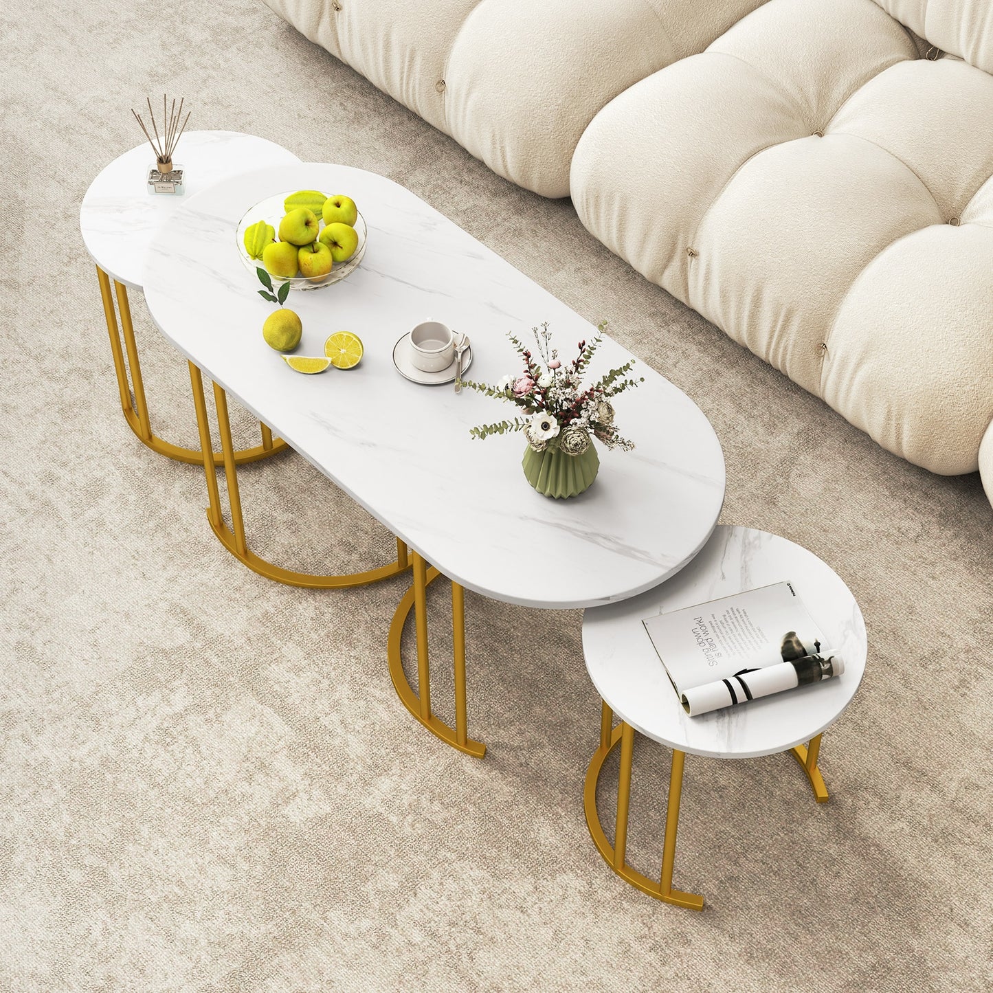 Nesting Coffee Table Set, 3 Piece, Faux Marble Top, Gold Metal Frame, White Coffee Tables at Gallery Canada