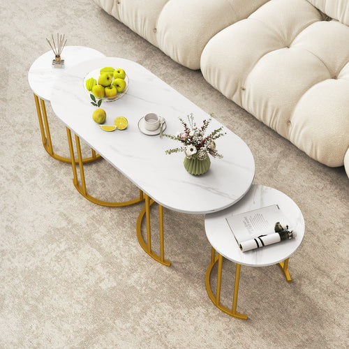 Nesting Coffee Table Set, 3 Piece, Faux Marble Top, Gold Metal Frame, White