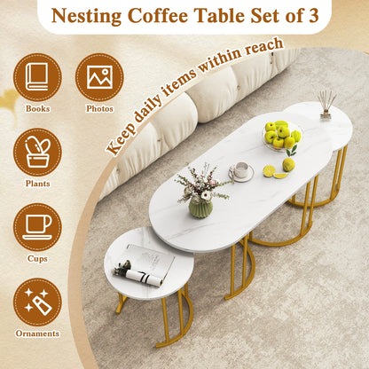 Nesting Coffee Table Set, 3 Piece, Faux Marble Top, Gold Metal Frame, White Coffee Tables at Gallery Canada