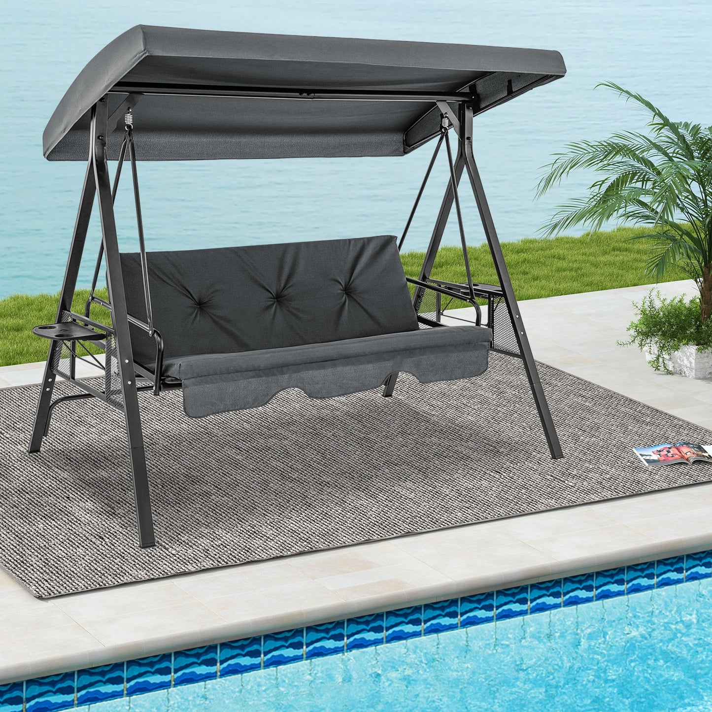 Convertible 3-Seat Swing Chair To Flat Bed, Adjustable Canopy, Gray Porch Swings at Gallery Canada