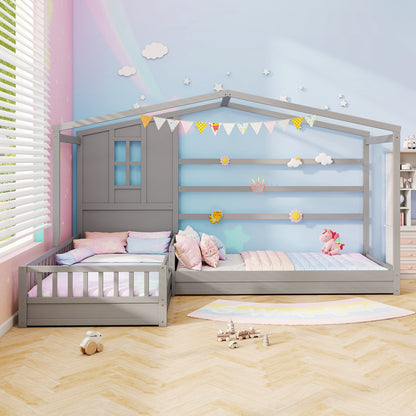L-Shaped Double Twin Beds, With Fences Corner Bed Frame, Gray Simple Bed Frame at Gallery Canada