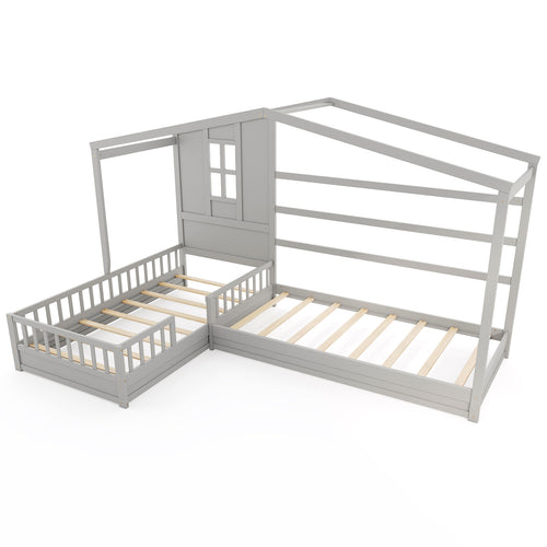L-shaped Double Twin Beds House Platform Beds with Fences Corner Bed Frame, Gray