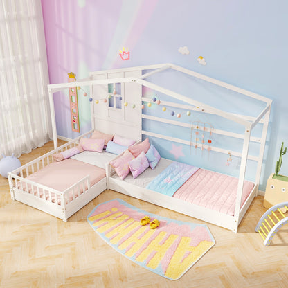 L-shaped Double Twin Beds House Platform Beds with Fences Corner Bed Frame, White Simple Bed Frame at Gallery Canada