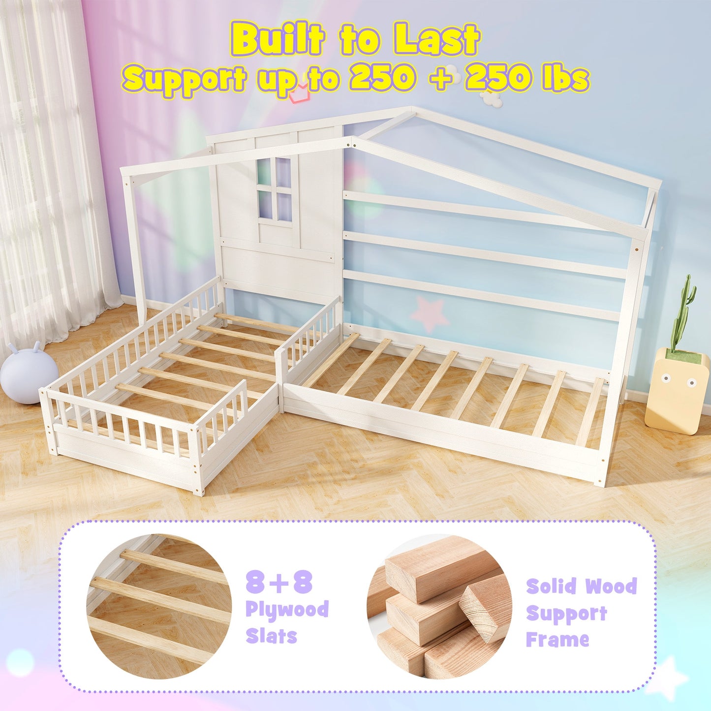 L-shaped Double Twin Beds House Platform Beds with Fences Corner Bed Frame, White Simple Bed Frame at Gallery Canada