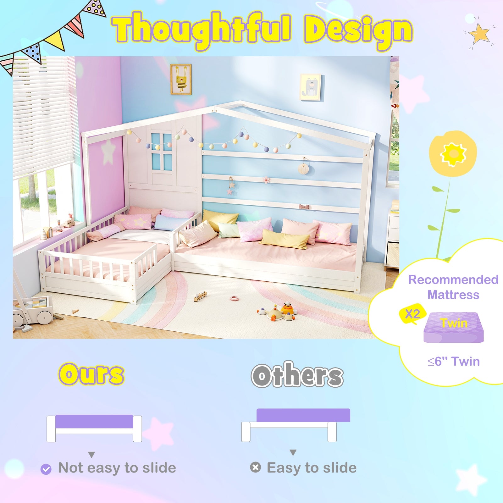 L-shaped Double Twin Beds House Platform Beds with Fences Corner Bed Frame, White Simple Bed Frame at Gallery Canada