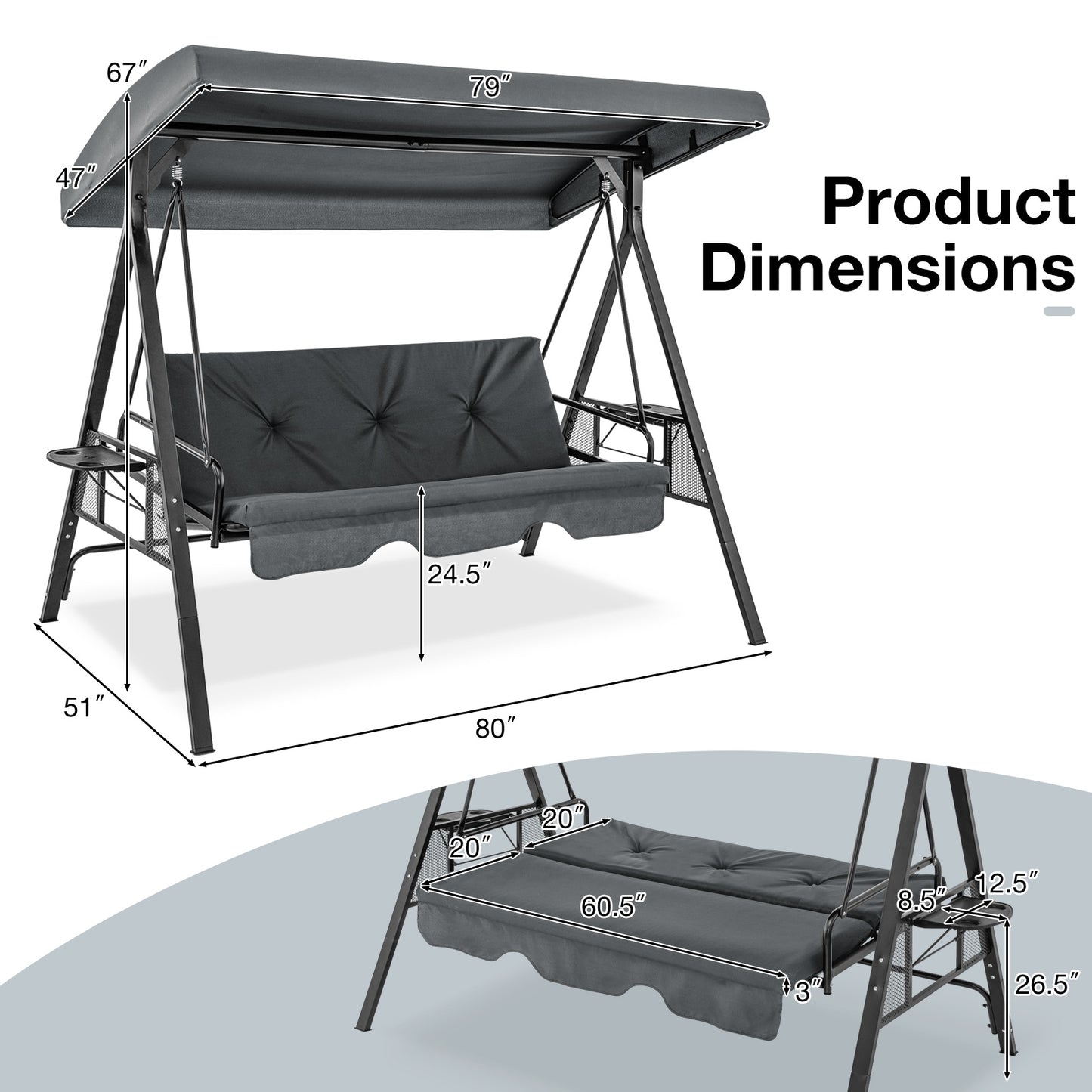 Convertible 3-Seat Swing Chair To Flat Bed, Adjustable Canopy, Gray Porch Swings at Gallery Canada