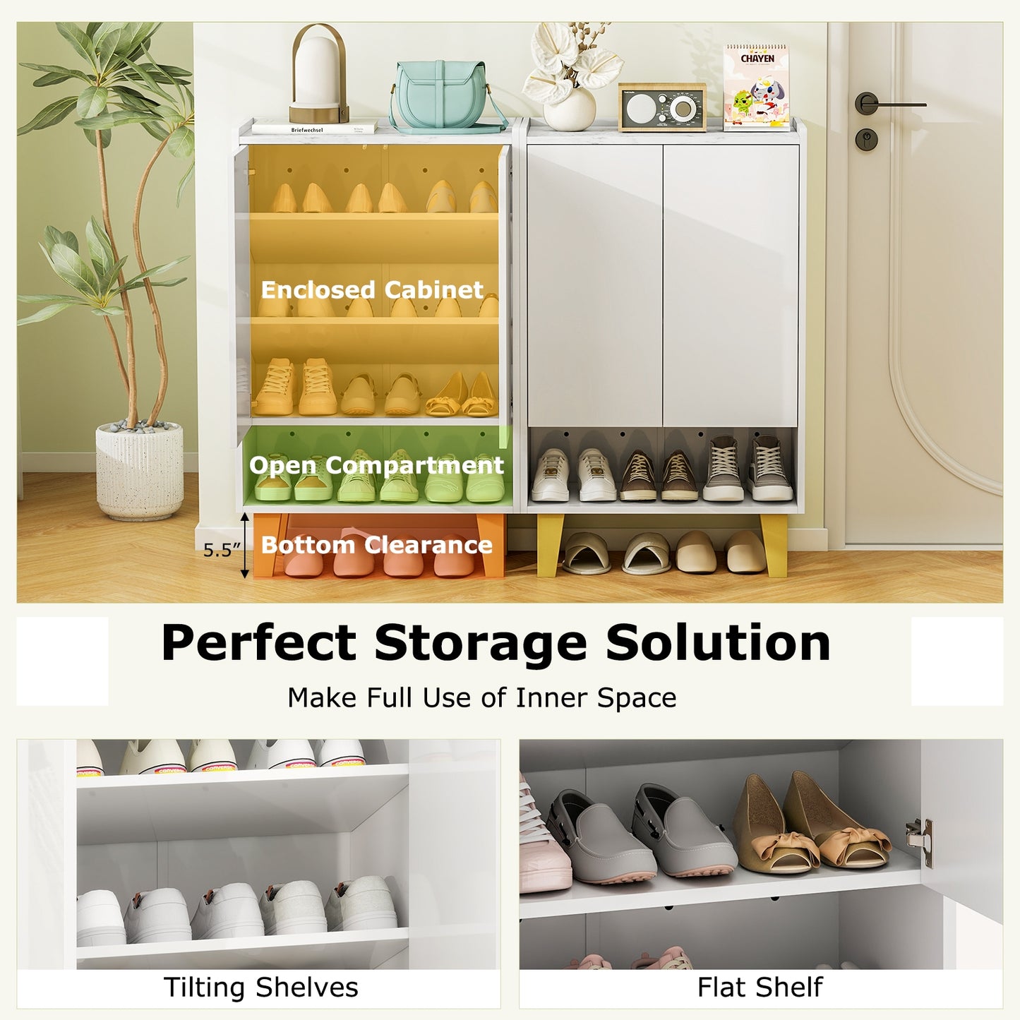 5-Tier Shoe Cabinet, Faux Marble Countertop, White