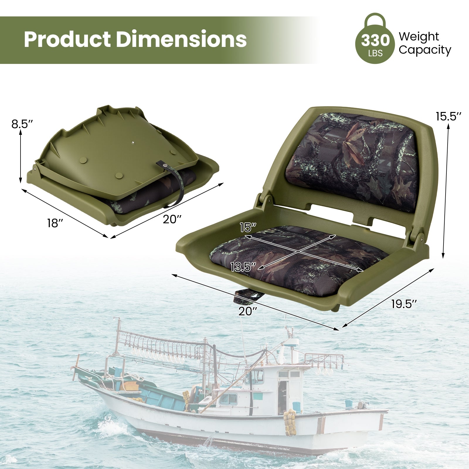 Boat Seat Folding Low Back Boat Chair with Marine-Grade PVC, Green Water Sports at Gallery Canada