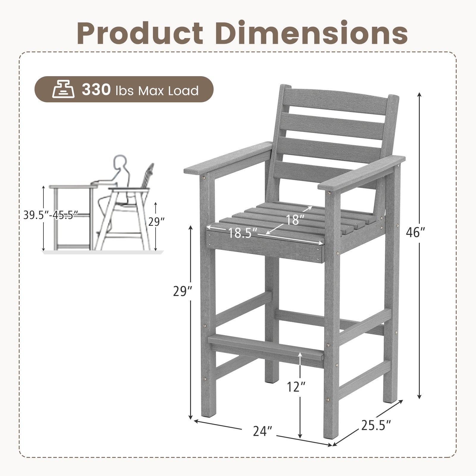 Patio HDPE Adirondack Bar Chairs Set of 2 with Wide Armrests, Gray Adirondack Chairs at Gallery Canada