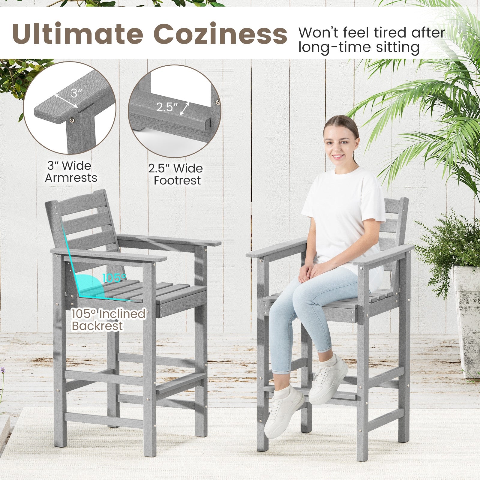 Patio HDPE Adirondack Bar Chairs Set of 2 with Wide Armrests, Gray Adirondack Chairs at Gallery Canada