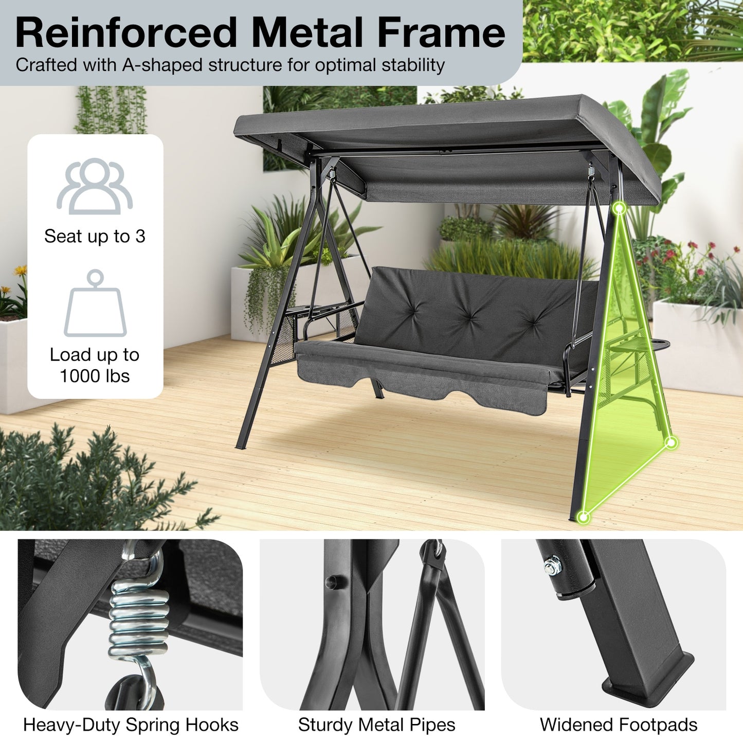 Convertible 3-Seat Swing Chair To Flat Bed, Adjustable Canopy, Gray Porch Swings at Gallery Canada