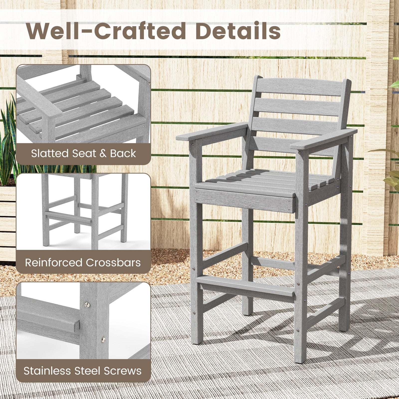 Patio HDPE Adirondack Bar Chairs Set of 2 with Wide Armrests, Gray Adirondack Chairs at Gallery Canada
