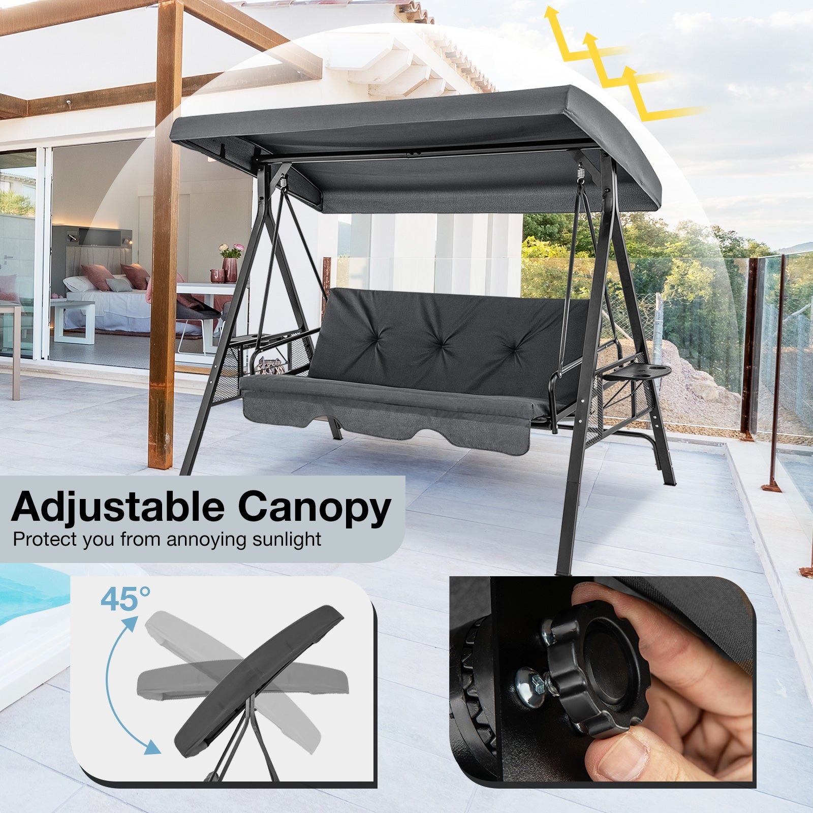 Convertible 3-Seat Swing Chair To Flat Bed, Adjustable Canopy, Gray Porch Swings at Gallery Canada