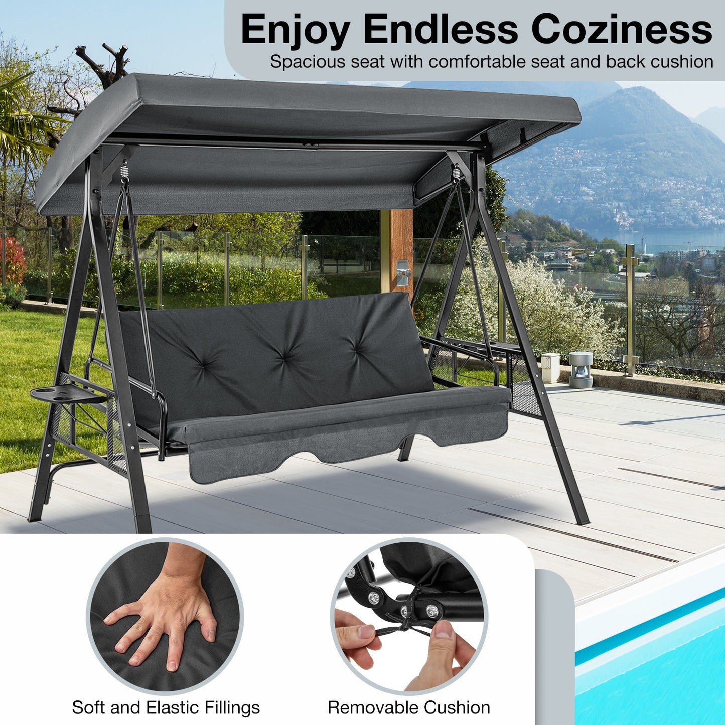 Convertible 3-Seat Swing Chair To Flat Bed, Adjustable Canopy, Gray Porch Swings at Gallery Canada
