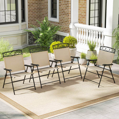 Set of 4 Patio Folding Chairs Set Dining Chairs with Armrests, Beige