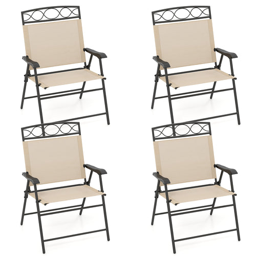 Set of 4 Patio Folding Chairs Set Dining Chairs with Armrests, Beige