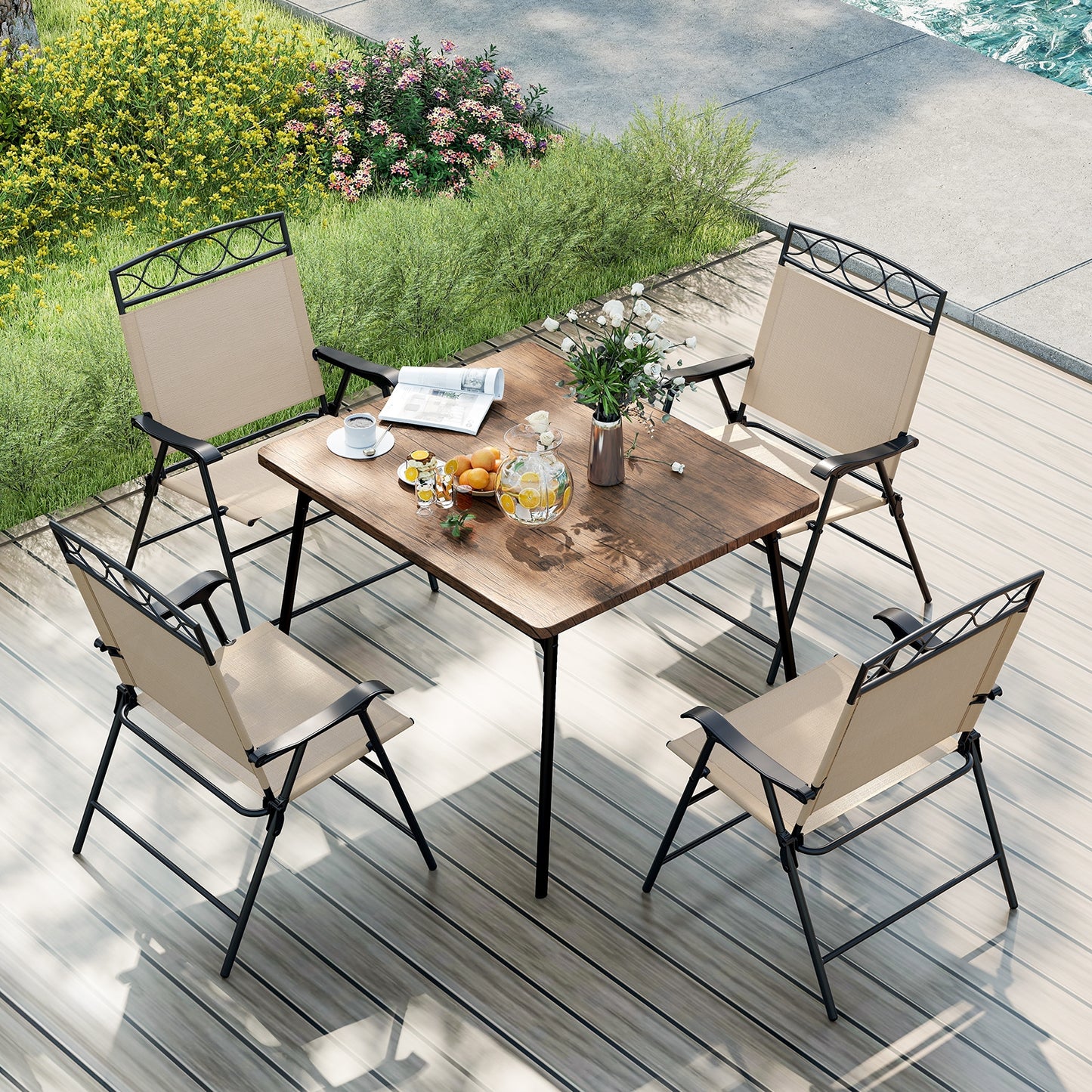 Set of 4 Patio Folding Chairs Set Dining Chairs with Armrests, Beige Patio Dining Chairs at Gallery Canada