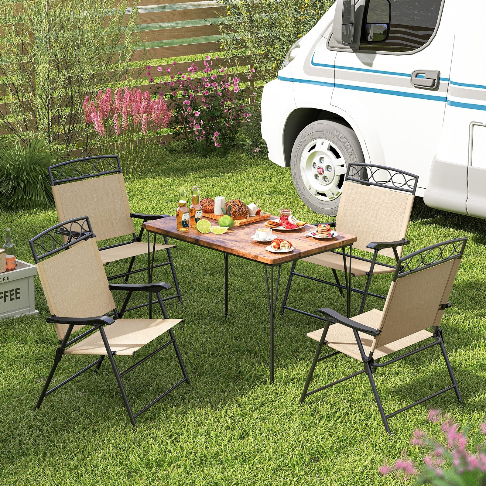 Set of 4 Patio Folding Chairs Set Dining Chairs with Armrests, Beige Patio Dining Chairs at Gallery Canada