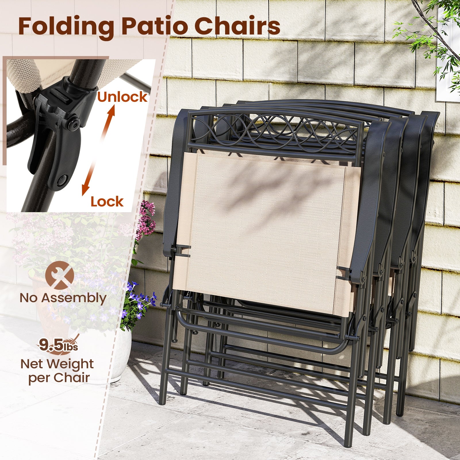 Set of 4 Patio Folding Chairs Set Dining Chairs with Armrests, Beige Patio Dining Chairs at Gallery Canada