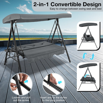 Convertible 3-Seat Swing Chair To Flat Bed, Adjustable Canopy, Gray Porch Swings at Gallery Canada