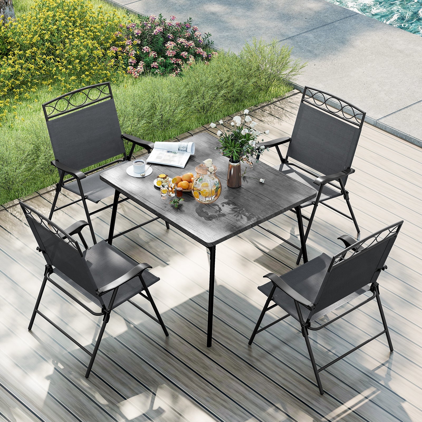 Set of 4 Patio Folding Chairs Set Dining Chairs with Armrests, Gray Patio Dining Chairs at Gallery Canada