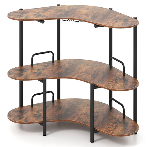3-Tier Liquor Bar Table With Stemware Racks, Storage Shelves, Rustic Brown