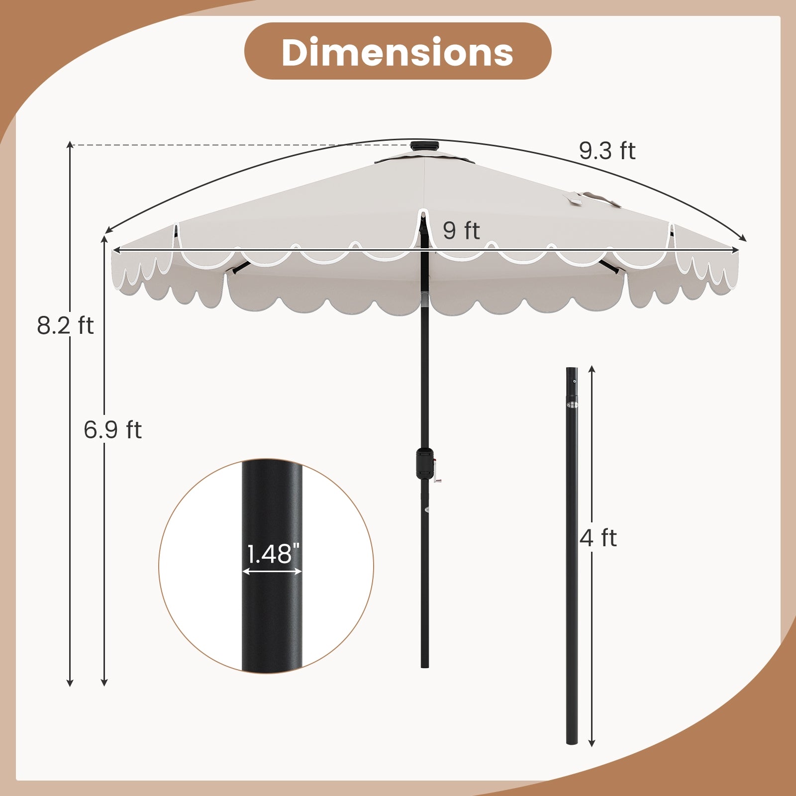 9.3 Feet Solar Patio Umbrella, 24 LED Lights, Vented Top, Ruffles, Beige Outdoor Umbrellas at Gallery Canada