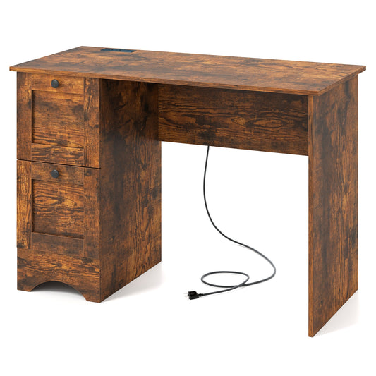 Bureau d'ordinateur en bois avec 3 tiroirs, marron rustique