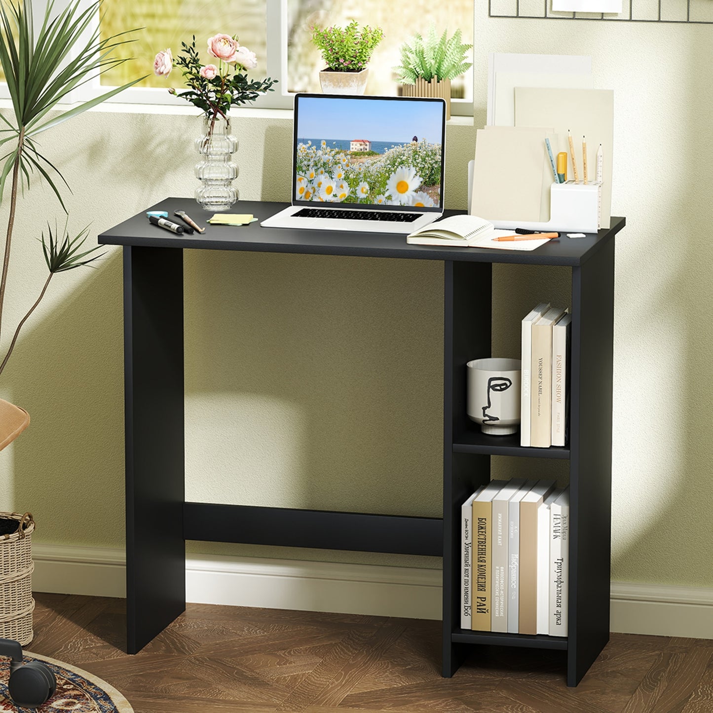 Small Computer Desk With Storage, Adjustable Shelf, Black Writing Desks at Gallery Canada