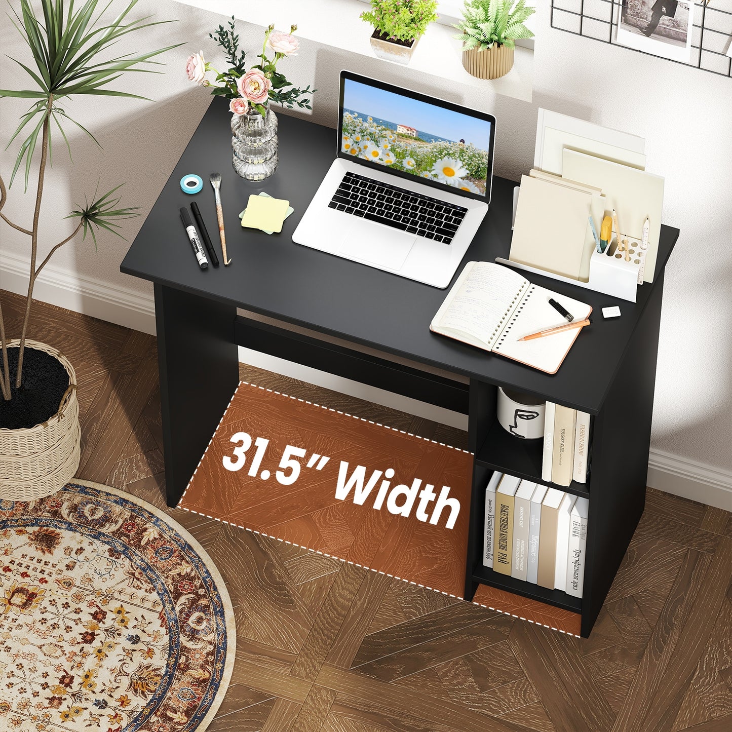 Small Computer Desk With Storage, Adjustable Shelf, Black Writing Desks at Gallery Canada