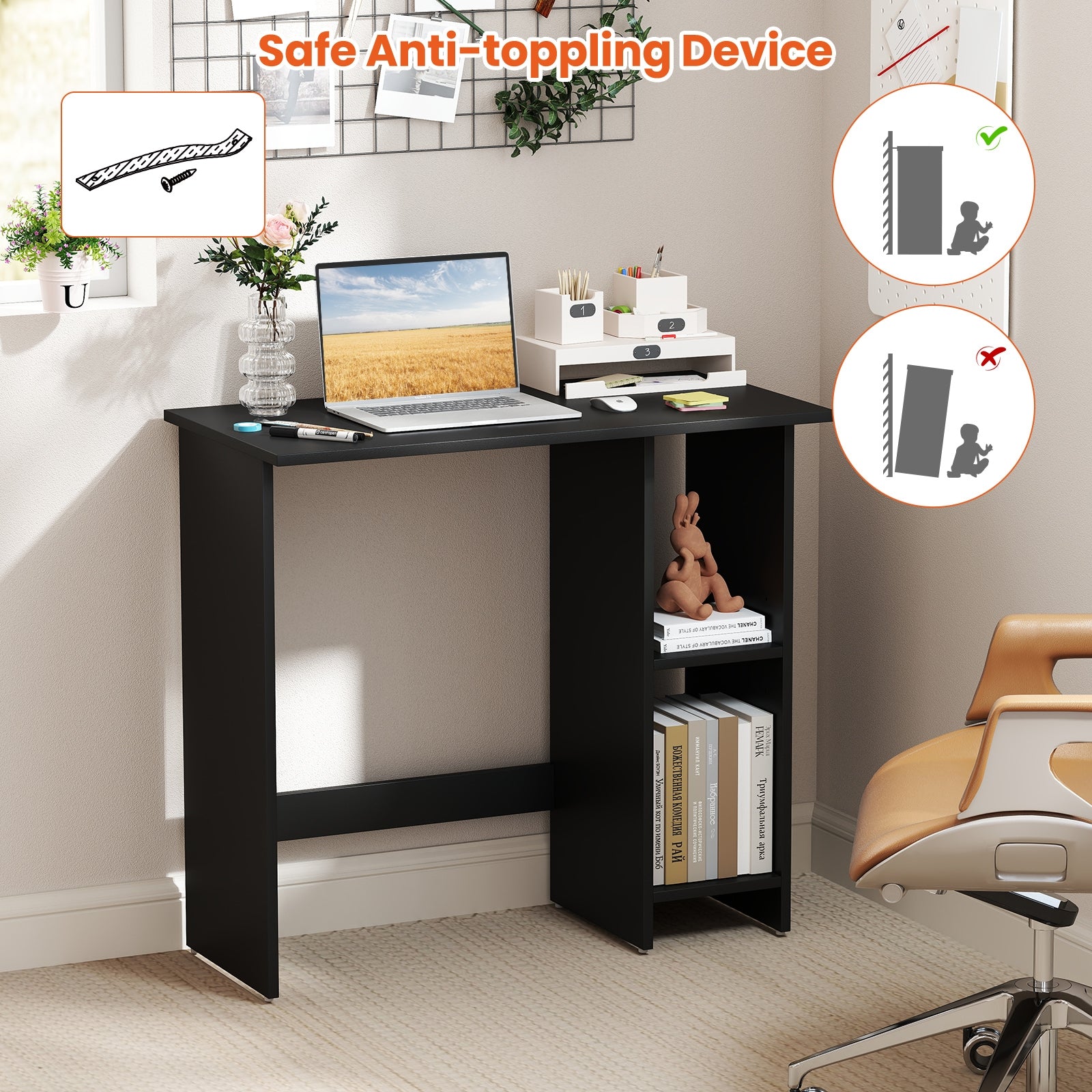 Small Computer Desk With Storage, Adjustable Shelf, Black Writing Desks at Gallery Canada