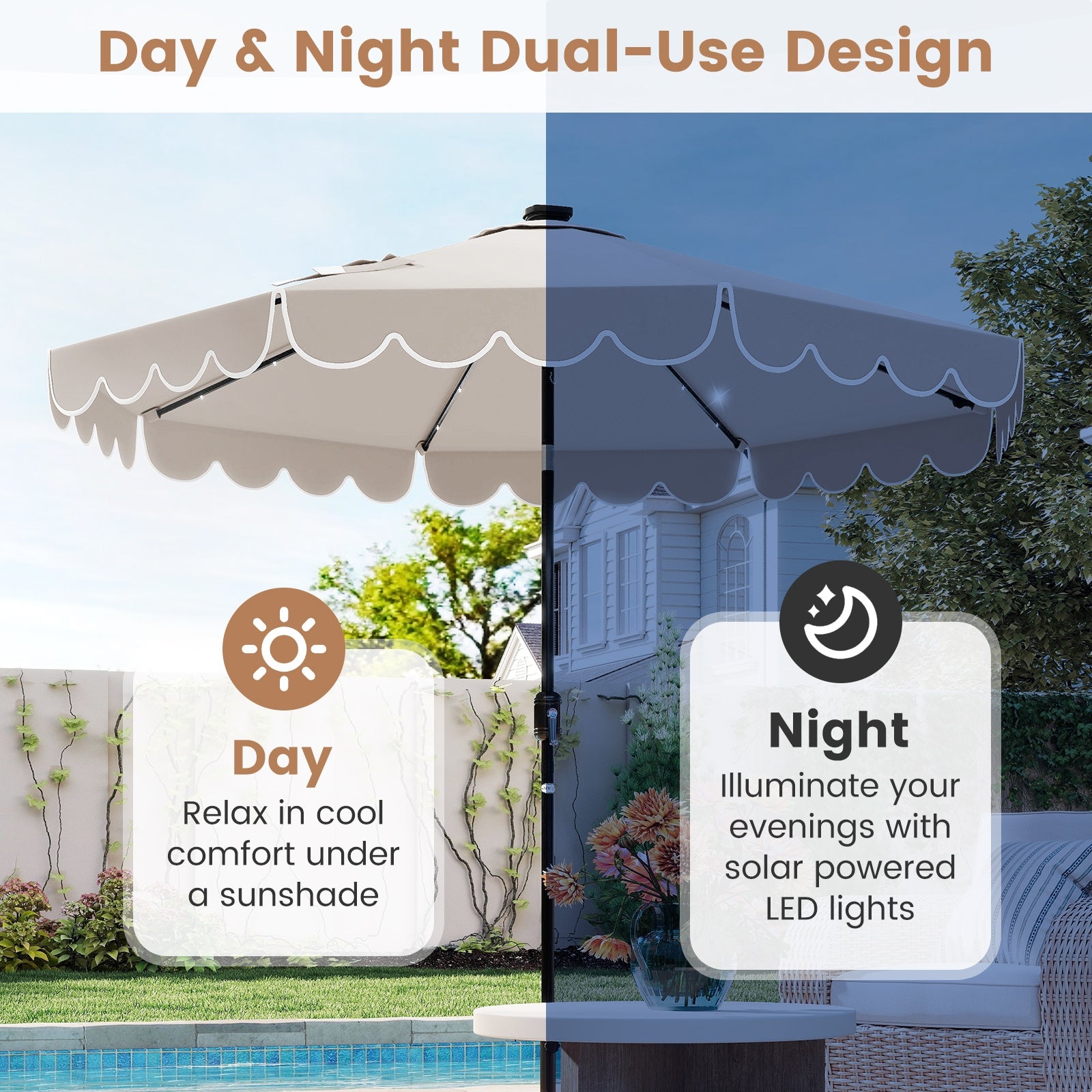9.3 Feet Solar Patio Umbrella, 24 LED Lights, Vented Top, Ruffles, Beige Outdoor Umbrellas at Gallery Canada