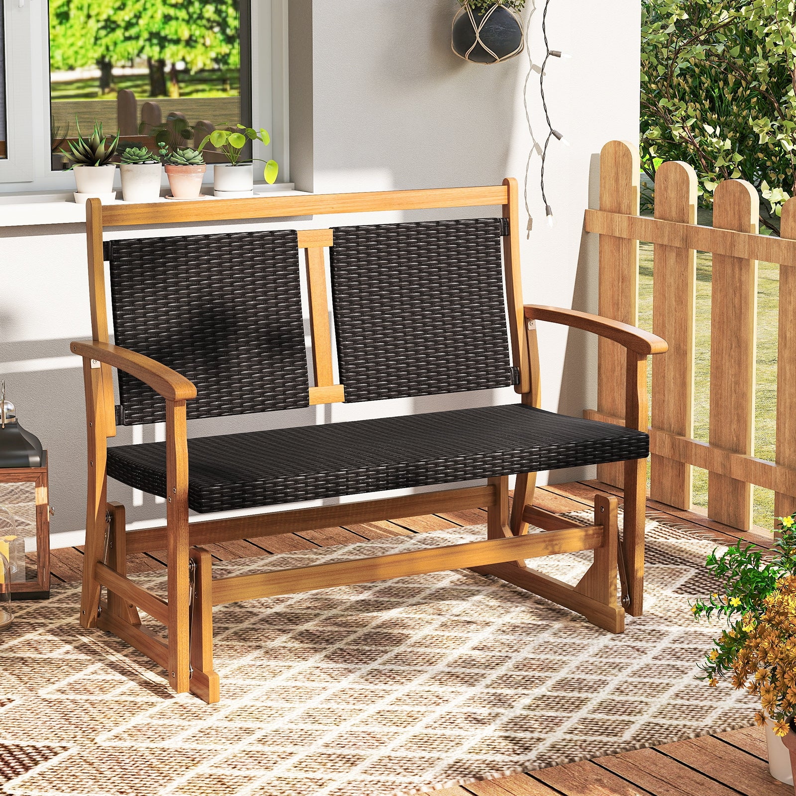 Patio Rattan Glider Bench for 2 with Acacia Wood Frame and Wicker Seat Back, Brown Patio Rocking Chairs & Gliders at Gallery Canada
